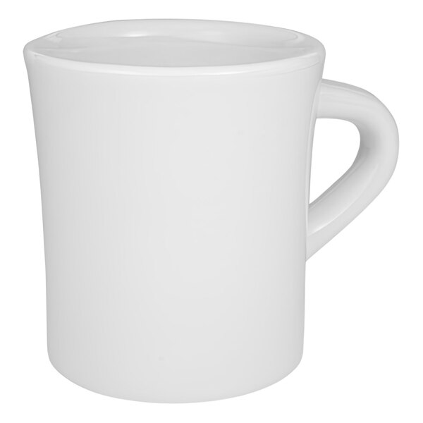 A case of 12 ivory china mugs with handles.