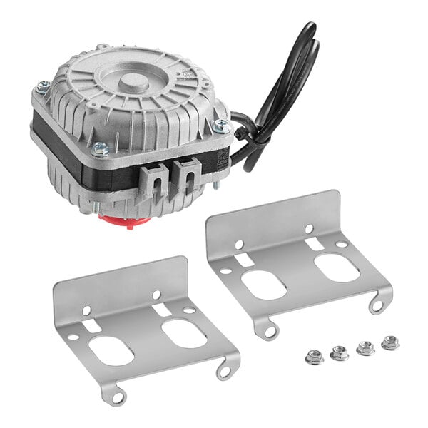 A metal bracket with two wires and a motor attached.