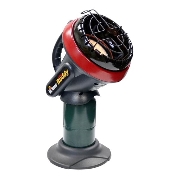 A close-up of a black Mr. Heater Little Buddy portable propane radiant heater.