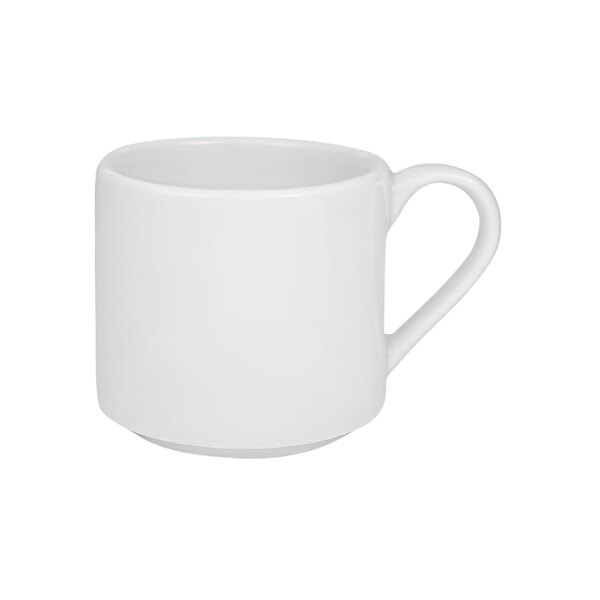 A case of 12 RAK Youngstown ivory china mugs with handles on a white background.