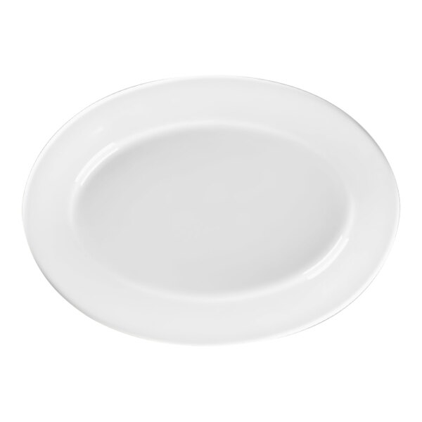 A white oval china platter with a wide ivory rim.