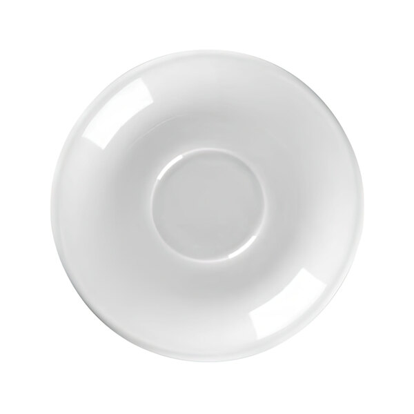 A white RAK Youngstown china bouillon saucer with a circle in the middle on a white background.