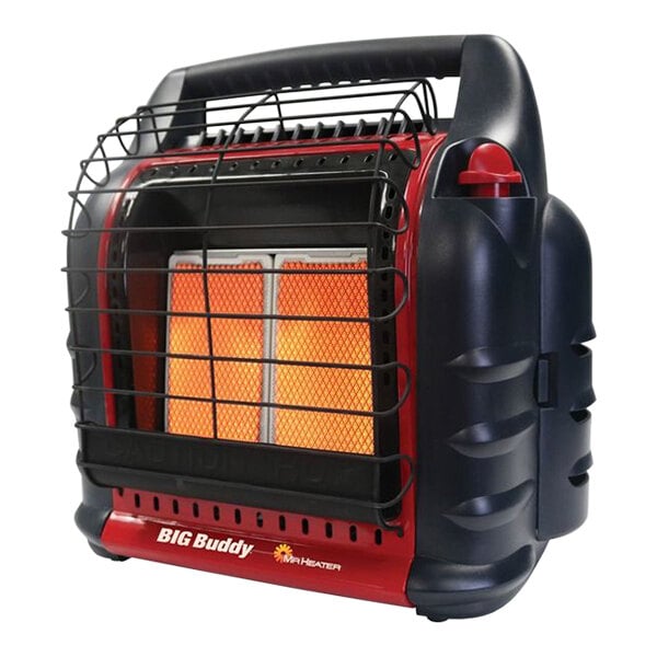 A Mr. Heater Big Buddy portable heater with a red and black cover over a grid with a caged heater.