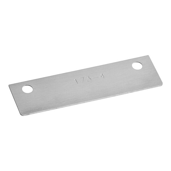 A rectangular metal Prince Castle grill scraper blade with holes in it.