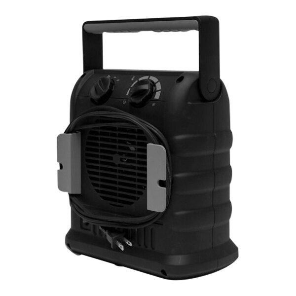 A black Mr. Heater Electric Buddy portable electric heater with a fan on it and a black handle.