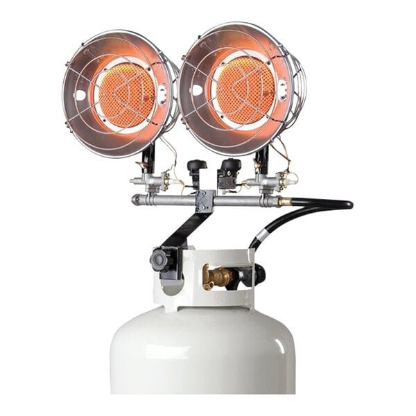 A Mr. Heater liquid propane tank with two round burners on top.