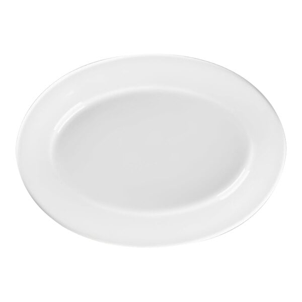 A white oval china platter with a wide rim.