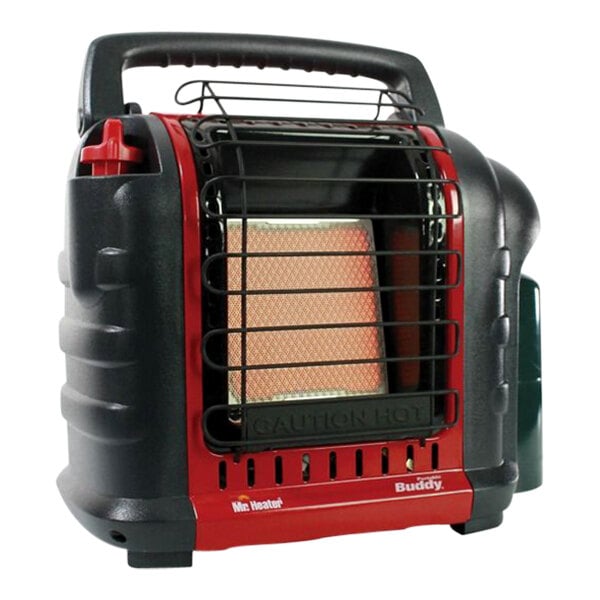 A close-up of a red and black Mr. Heater Portable Buddy portable heater.