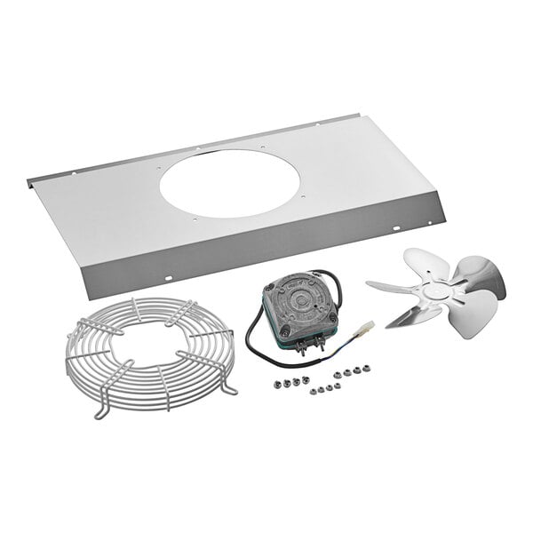 A metal rectangular fan motor kit with a round fan.