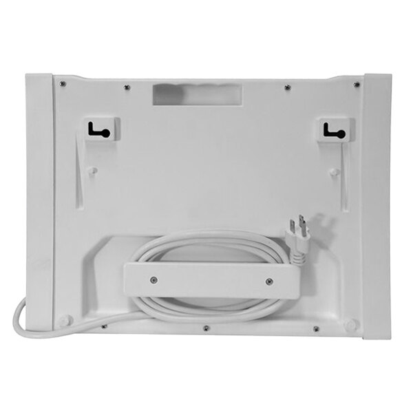 A white rectangular Mr. Heater Electric Buddy Wall Mount Infrared Electric Heater with a cord.