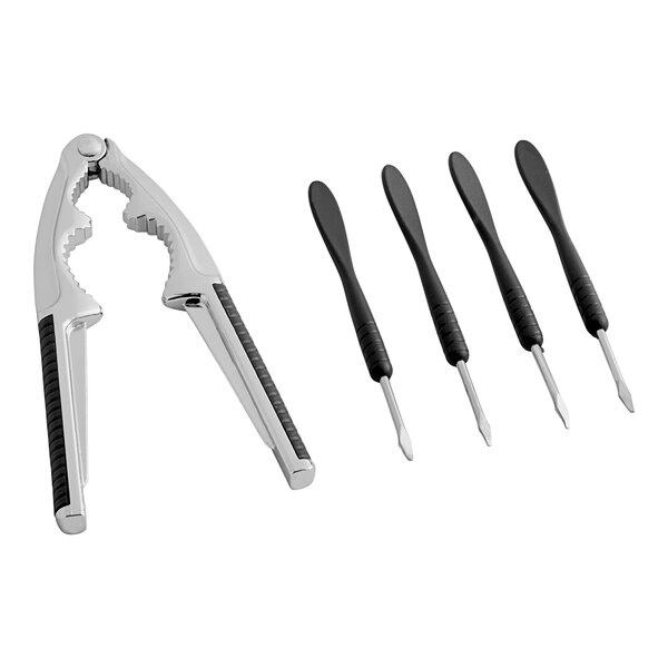 A Nantucket Seafood 5-piece black and silver nut and crab cracker set with a black hammer.