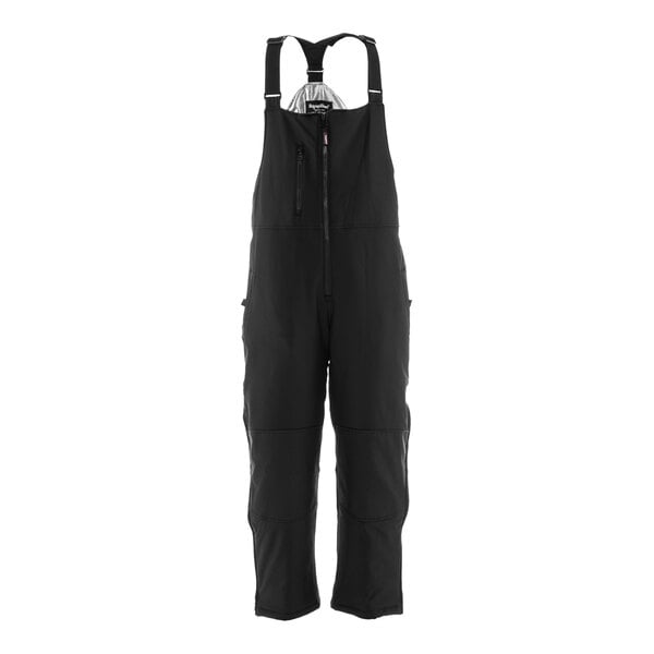 A pair of black Refrigiwear bib overalls with straps and pockets.