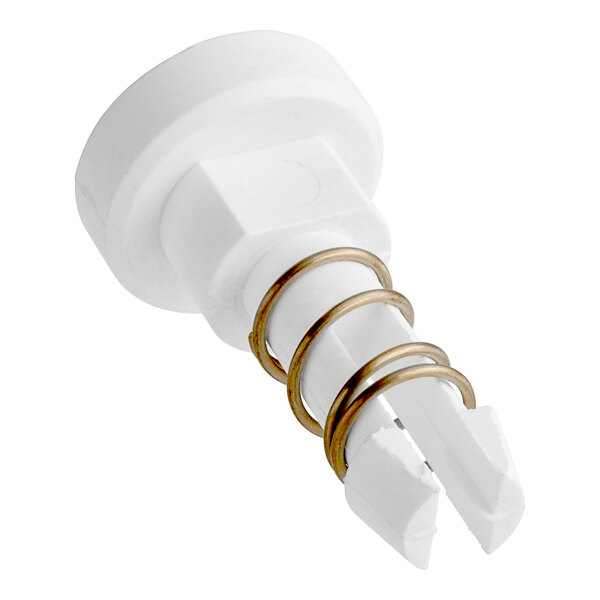 White plastic valve and spring for a Tre Spade meat grinder.