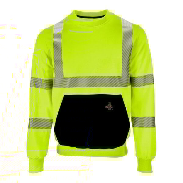 A yellow and black RefrigiWear crewneck sweatshirt with reflective stripes.