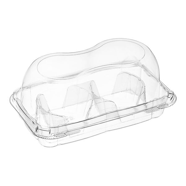 A clear plastic InnoPak cupcake container with two compartments.