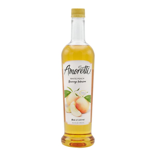 A close up of a bottle of Amoretti White Peach Beverage Infusion with a label.