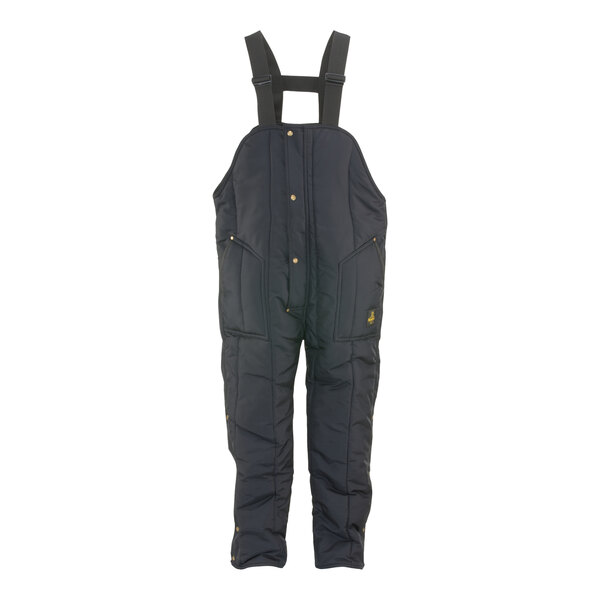 A pair of navy blue RefrigiWear Iron-Tuff overalls with straps.