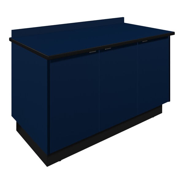 A blue Plymold Atlantis condiment counter with black top and trim.