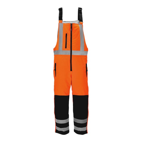 RefrigiWear orange and black insulated softshell high bib overalls with reflective stripes.