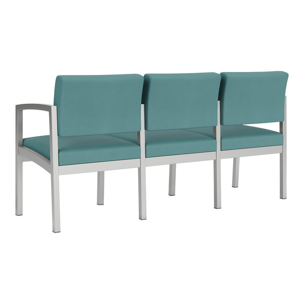 A row of three Lesro Lenox blue vinyl chairs.