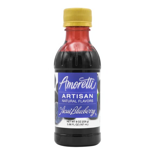 A bottle of Amoretti Acai Blueberry Artisan natural flavor paste with a blue label.