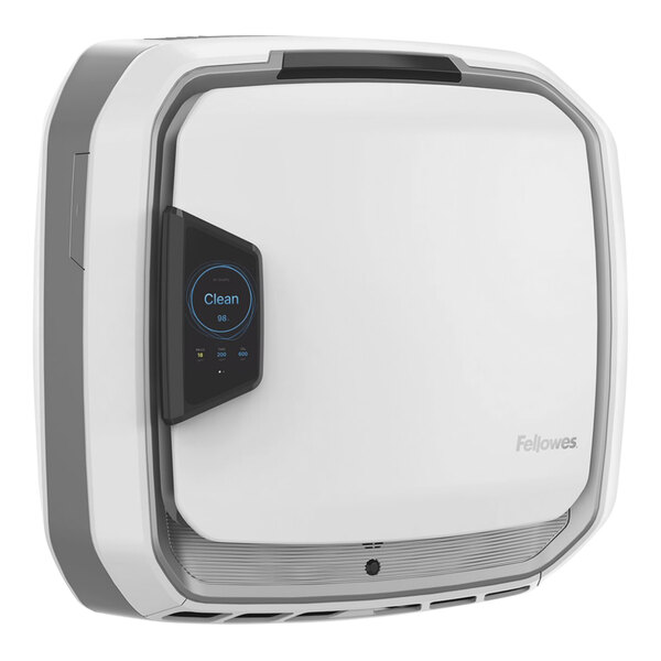 A white square Fellowes Array air purifier with a blue screen and button.