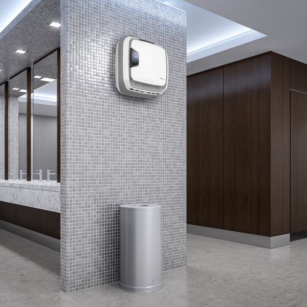 A white Fellowes Array wall-mount air purifier box with a button on it.