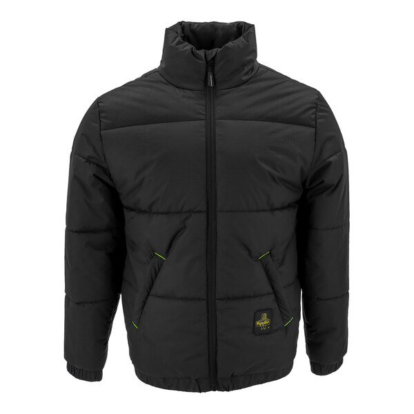 A black RefrigiWear padded jacket with green trim and a zipper.