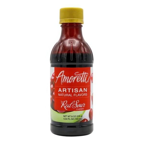 A bottle of Amoretti Red Sour Cherry artisan flavor paste with a red label.