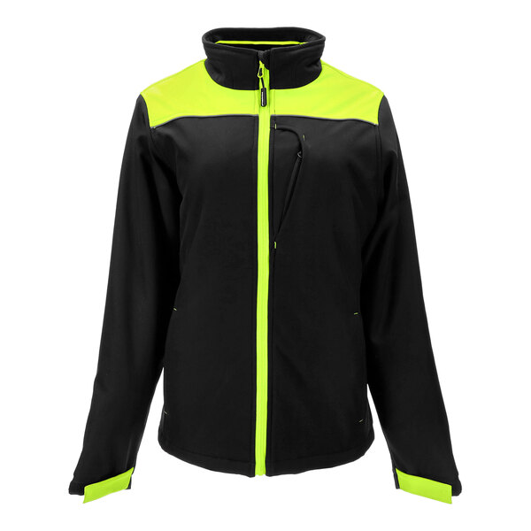 A black and lime RefrigiWear women's softshell jacket with reflective accents.