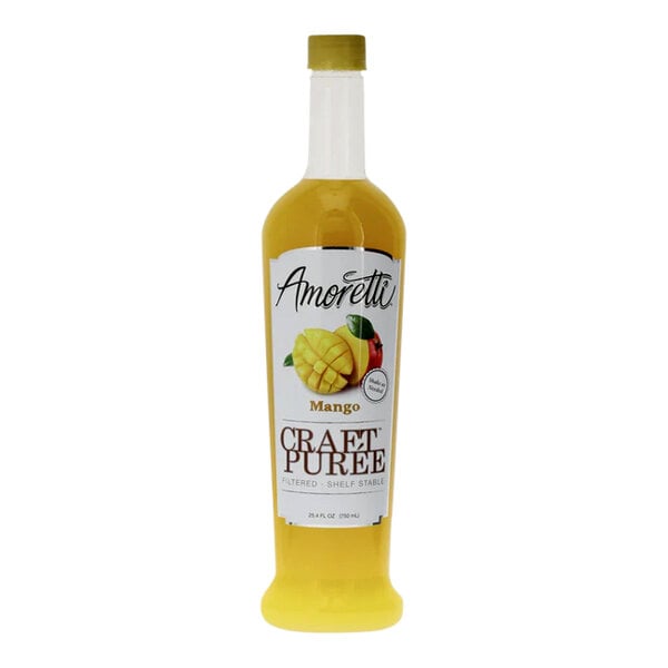 A bottle of Amoretti Mango Craft Puree with yellow liquid.