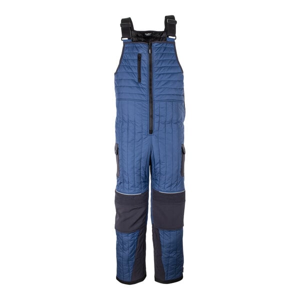 RefrigiWear blue and black insulated bib overalls on a white background.