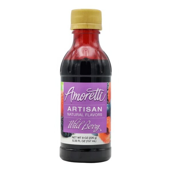 A bottle of Amoretti Wild Berry Artisan Natural Flavor Paste with a purple label.