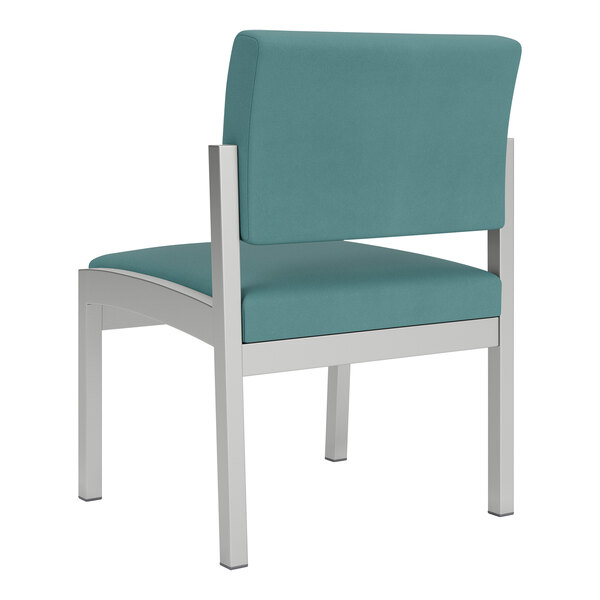 A blue Lesro Lenox guest chair with silver legs and back.