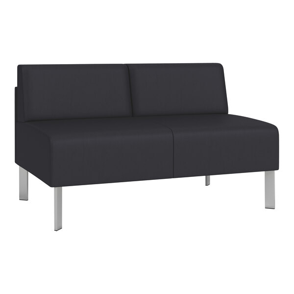 A Lesro Luxe Lounge Series black vinyl loveseat with steel legs.