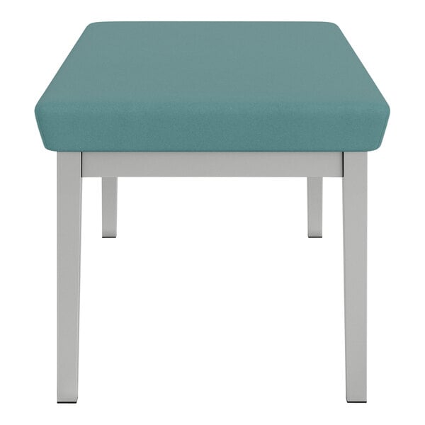 A blue Lesro Lenox steel bench with white vinyl seats and a black border.