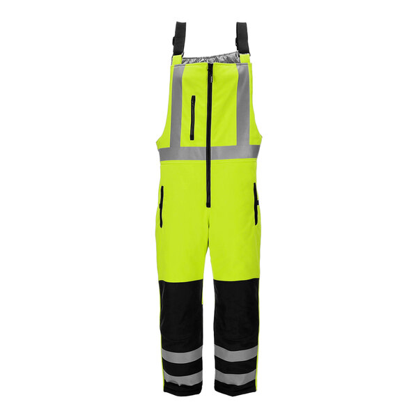 RefrigiWear HiVis lime and black overalls with reflective stripes.