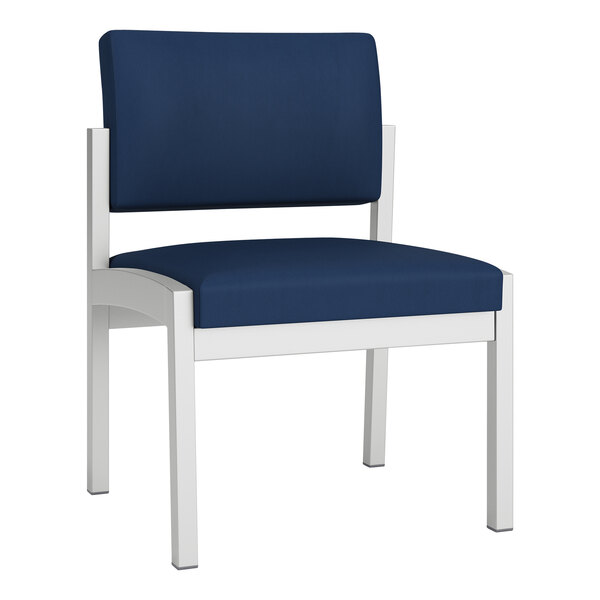 A blue Lesro Lenox guest chair with white legs and navy vinyl seat.