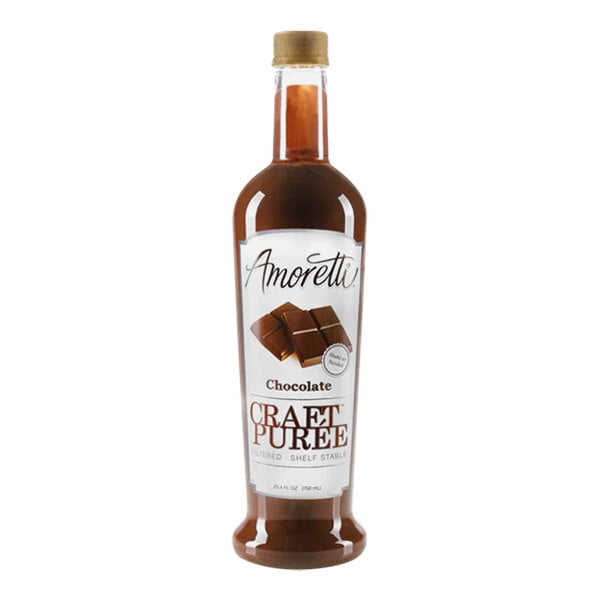 A bottle of Amoretti Chocolate Craft Puree with chocolate syrup inside.