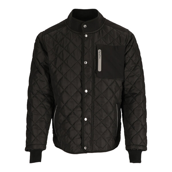 A black Refrigiwear insulated diamond quilted jacket with a zipper.
