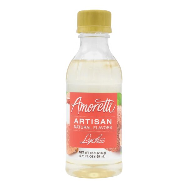 A bottle of Amoretti Lychee Artisan Natural Flavor Paste with a red label and yellow cap.