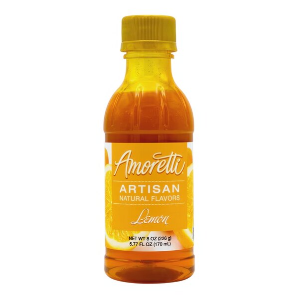 A bottle of Amoretti Lemon Artisan Natural Flavor Paste with yellow liquid.