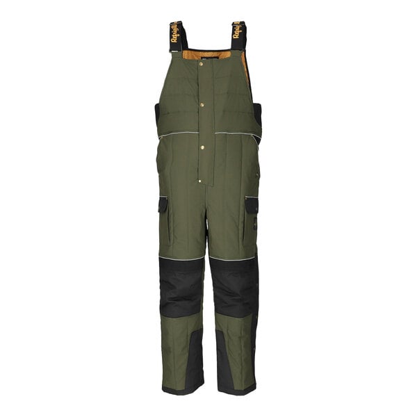 RefrigiWear dark green insulated bib overalls with black trims and pockets.