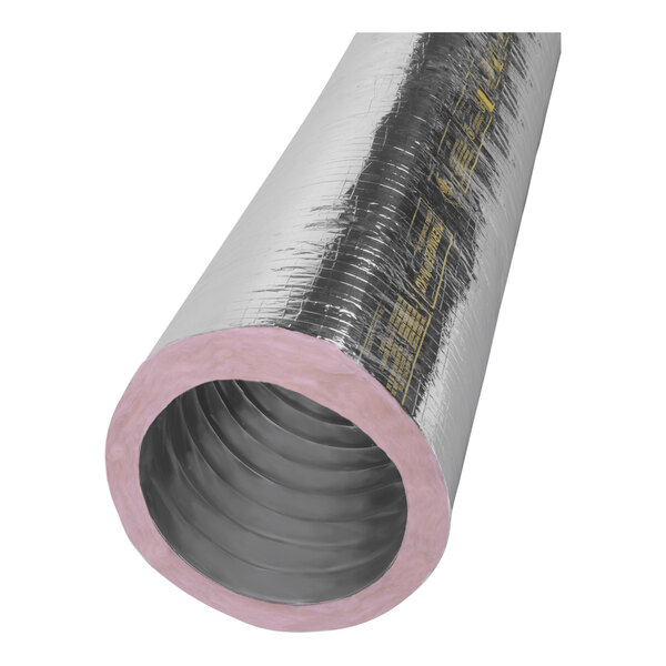 A close-up of Thermaflex insulated flexible air duct with silver and pink components.