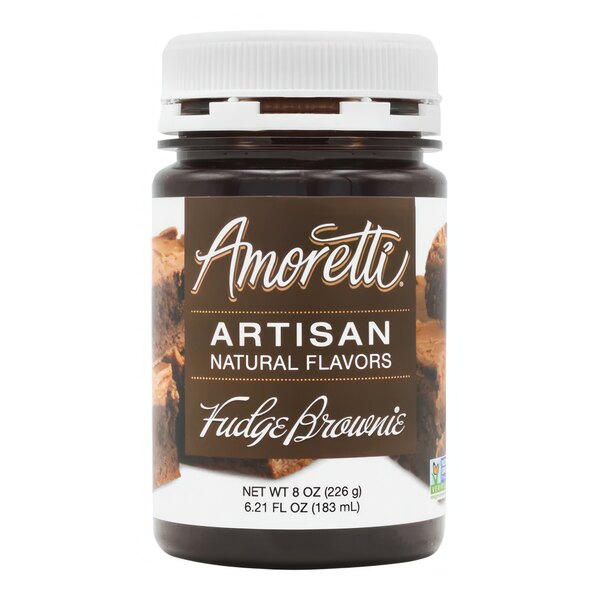 A brown jar of Amoretti Chocolate Fudge Brownie Artisan Natural Flavor Paste with white text.