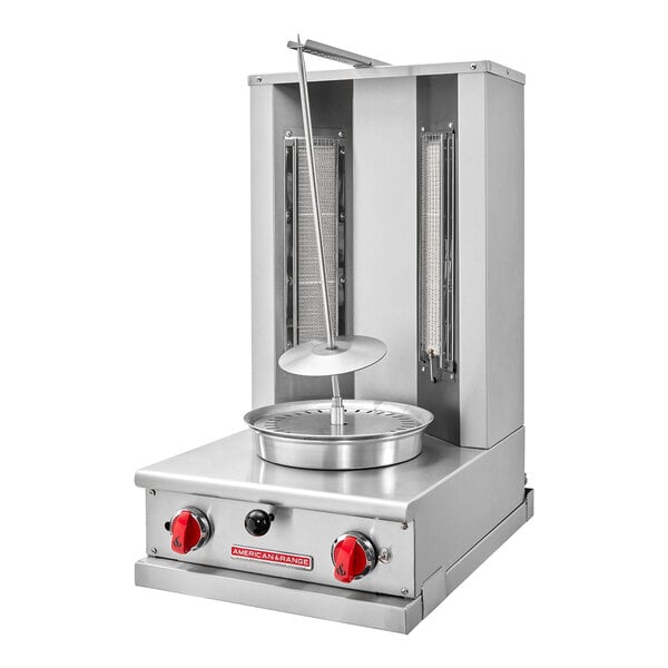 An American Range stainless steel vertical broiler with a round pan on top.