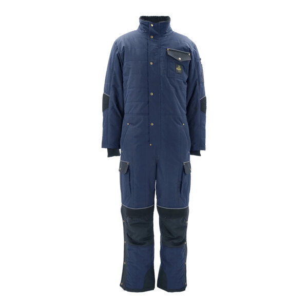 A blue RefrigiWear insulated coverall with black accents.
