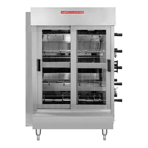 An American Range stainless steel natural gas countertop rotisserie with glass doors open.