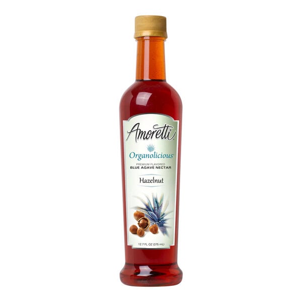 A bottle of Amoretti Organolicious Organic Hazelnut Blue Agave Nectar.