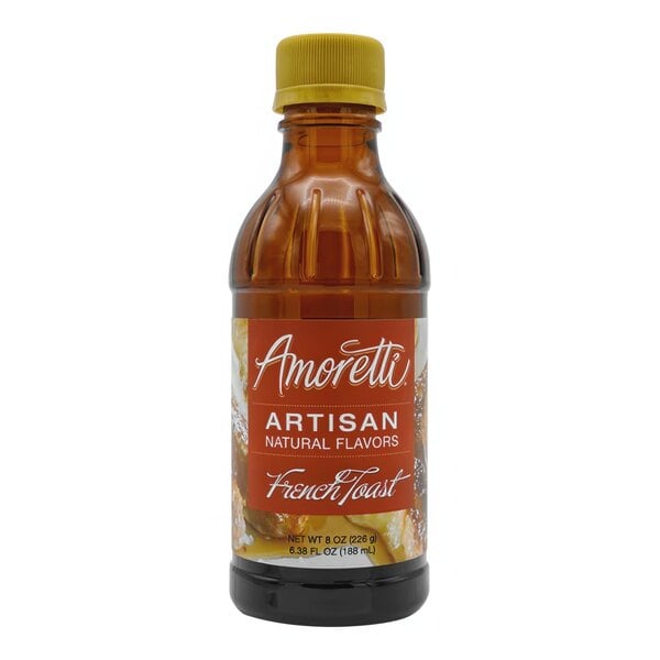 A brown bottle of Amoretti French Toast Artisan Natural Flavor Paste with a yellow label.